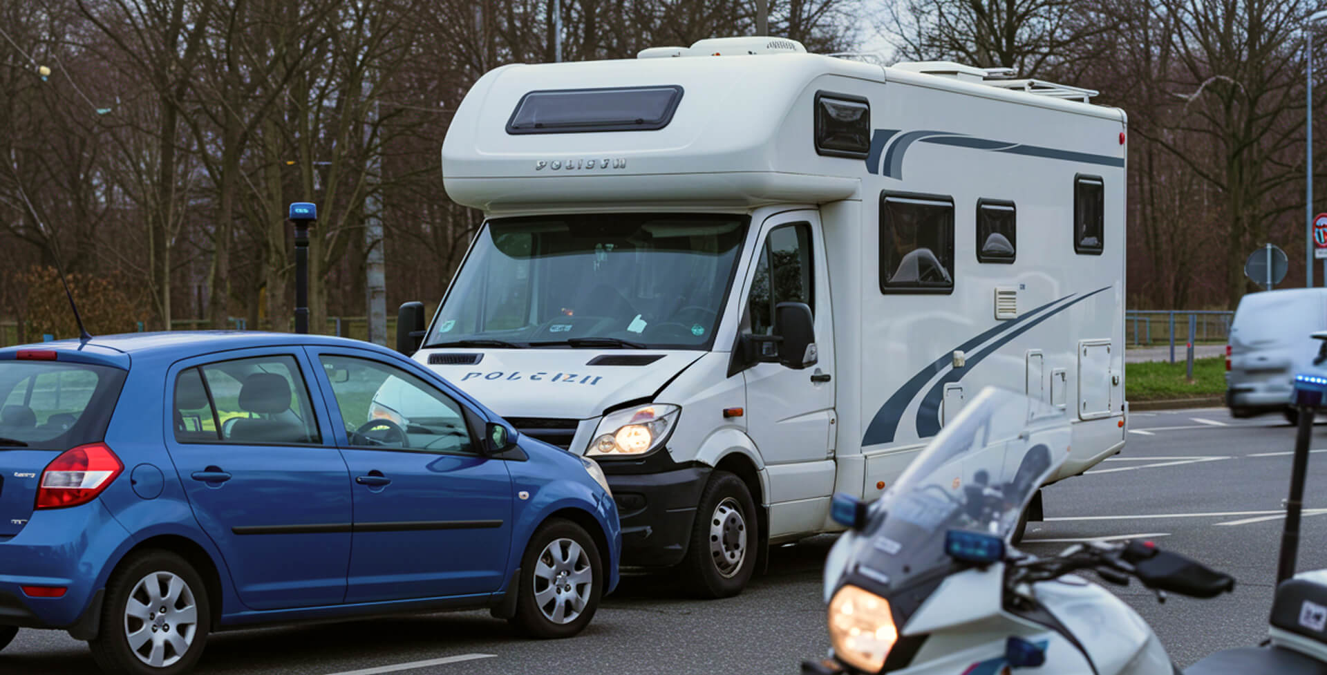 A white RV crashed into a small blue hatchback