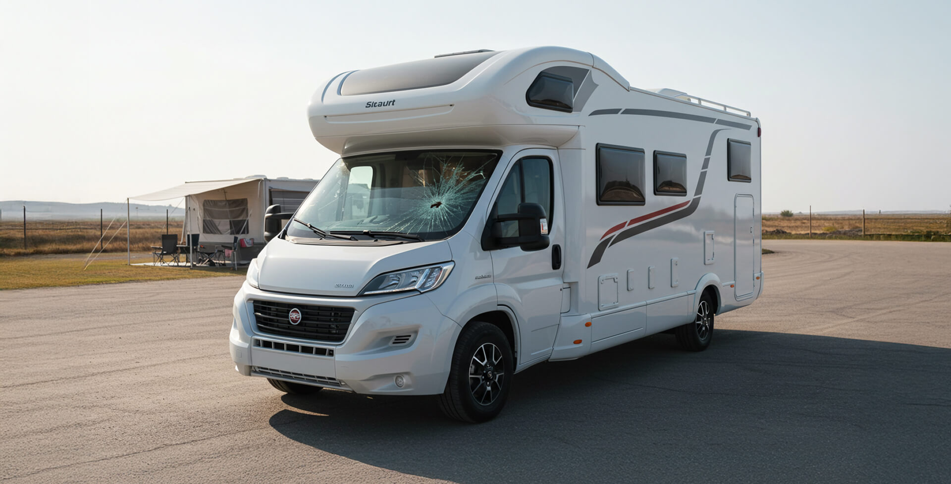 An RV with a damaged windshield