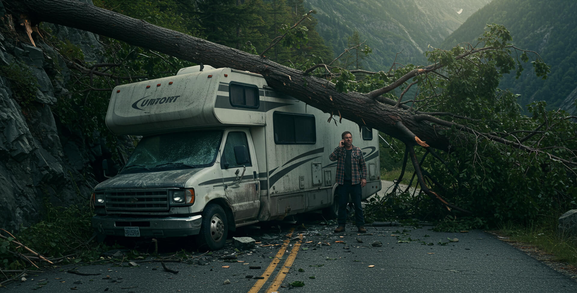 An RV with a large tree fallen on top requiring comprehensive coverage for the damages