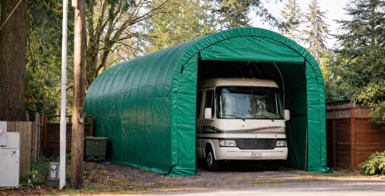 Green fabric RV carport shelter protecting a motorhome parked outdoors
