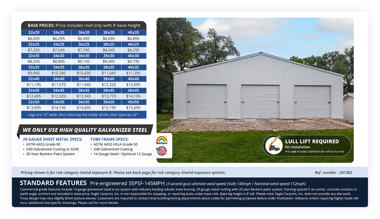 32 to 40 Wide Commercial Garage Carport