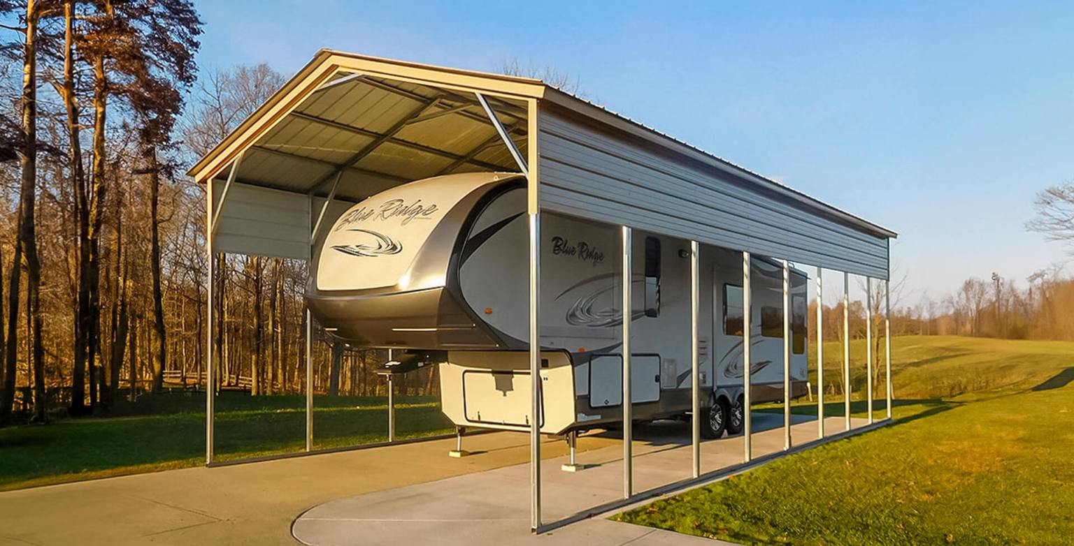 An RV carport from Alan's Factory Outlet for storing your RV at home