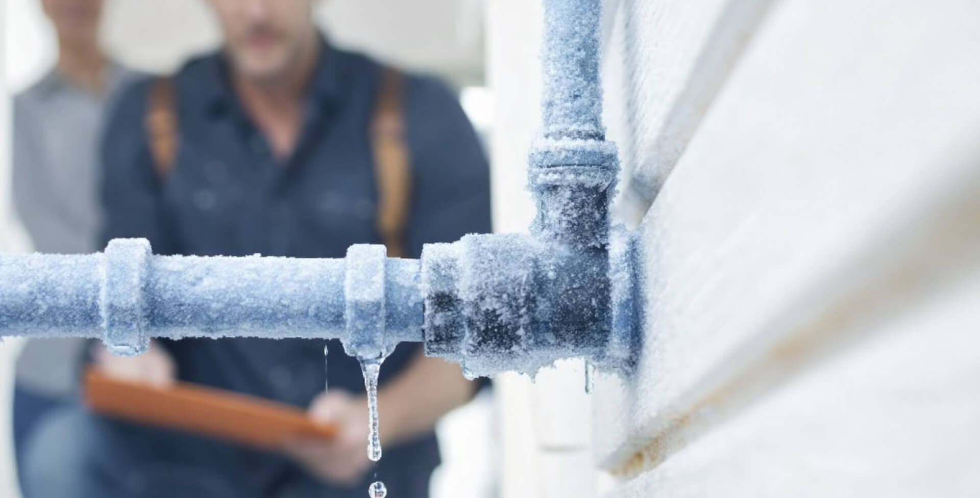 Frozen water pipe with ice buildup and dripping icicles