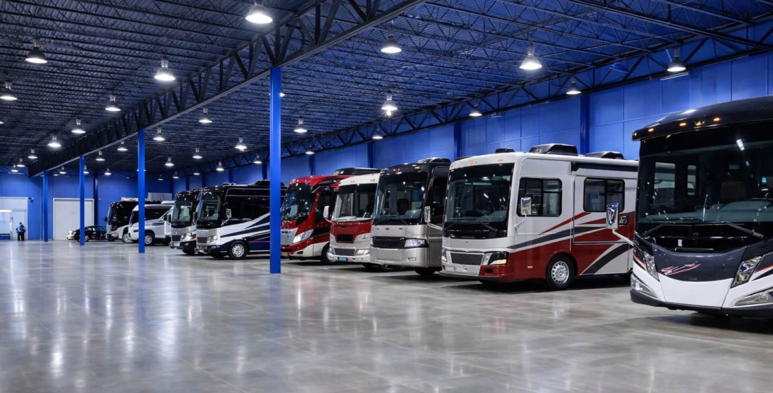 Indoor warehouse with multiple RVs parked in a large, well-lit space
