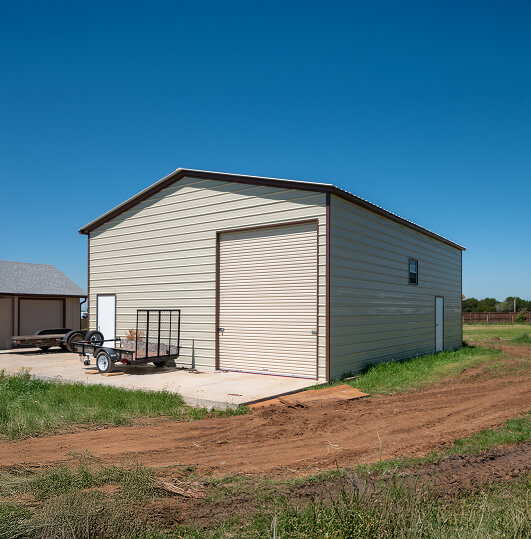 Large metal building with a large garage door