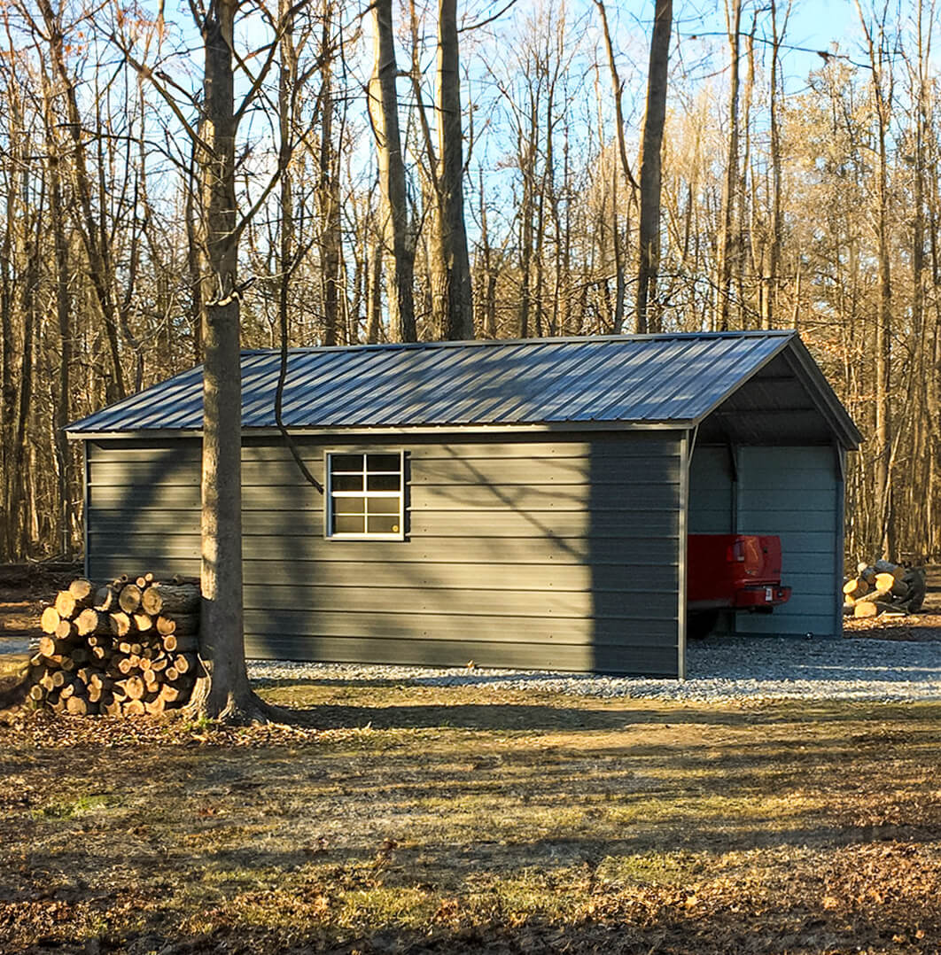 Carport with closed sides in a forest