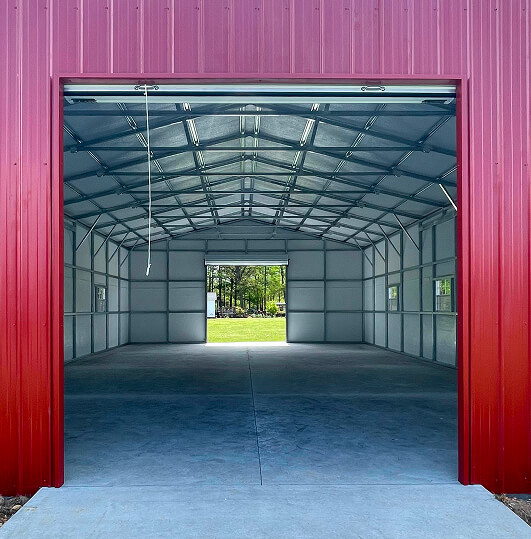 Inside view of a red metal building