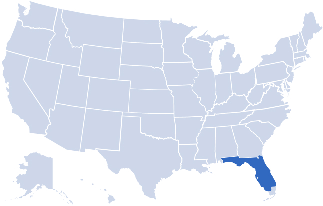 Map of USA highlighting Alan's Factory Outlet's delivery areas in Florida