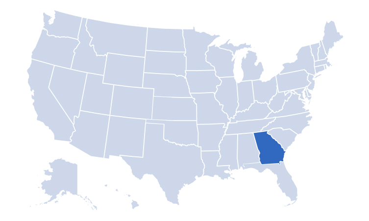 Map of USA highlighting Alan's Factory Outlet's delivery areas in Georgia
