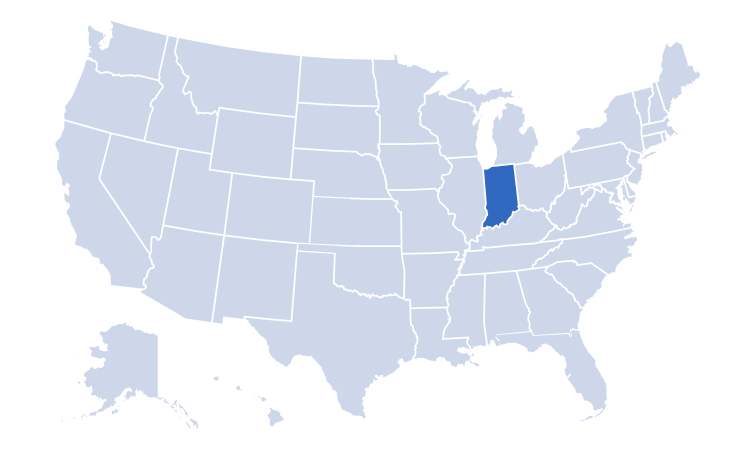 Map of USA highlighting Alan's Factory Outlet's delivery areas in Indiana