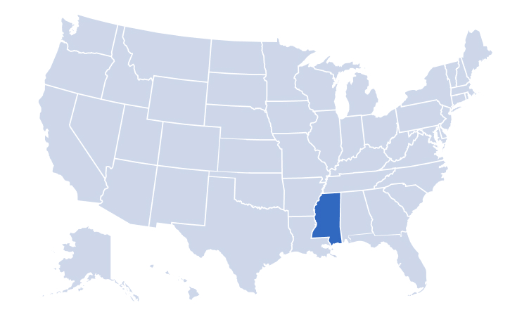 Map of USA highlighting Alan's Factory Outlet's delivery areas in Mississippi