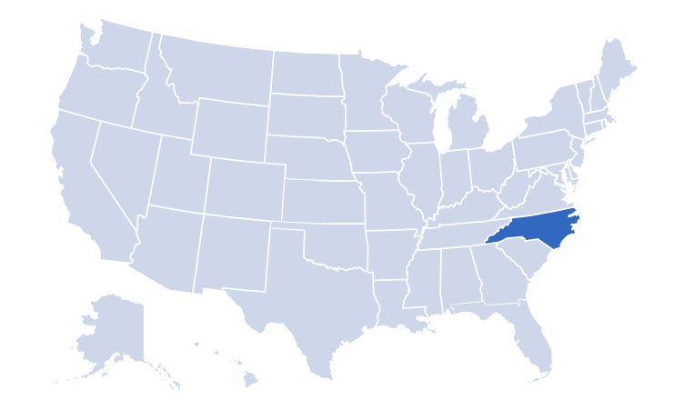 Map of USA highlighting Alan's Factory Outlet's delivery areas in North Carolina