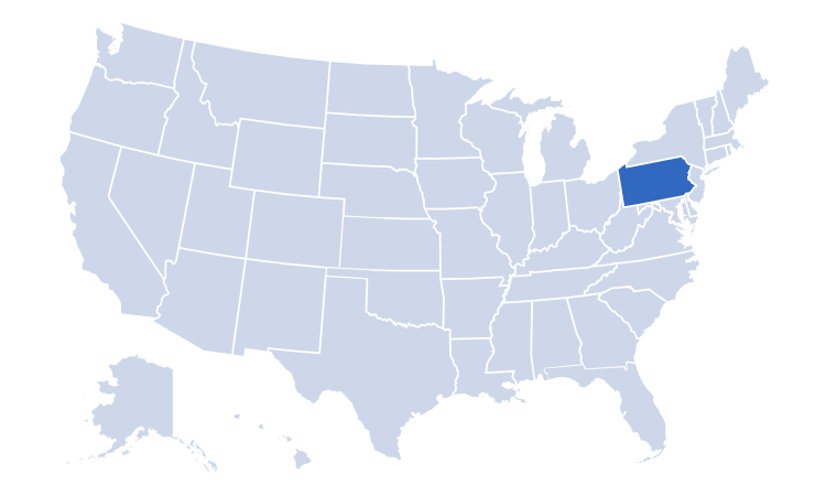 Map of USA highlighting Alan's Factory Outlet's delivery areas in Pennsylvania