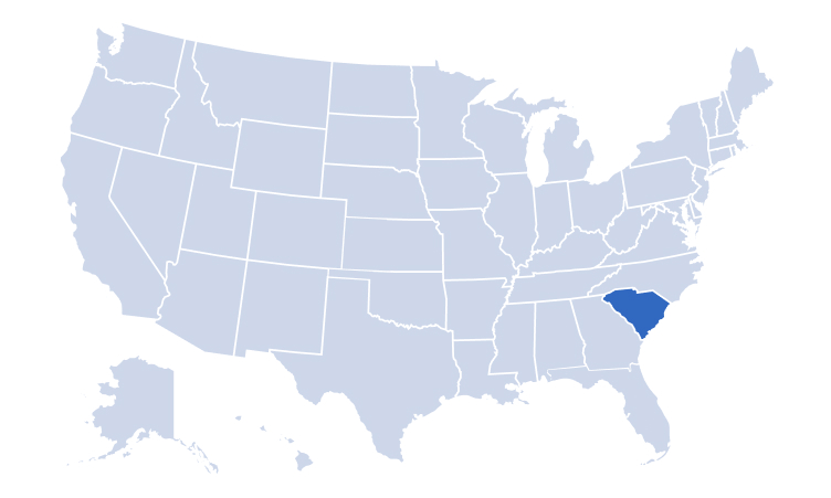 Map of USA highlighting Alan's Factory Outlet's delivery areas in South Carolina
