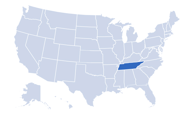Map of USA highlighting Alan's Factory Outlet's delivery area in Tennessee