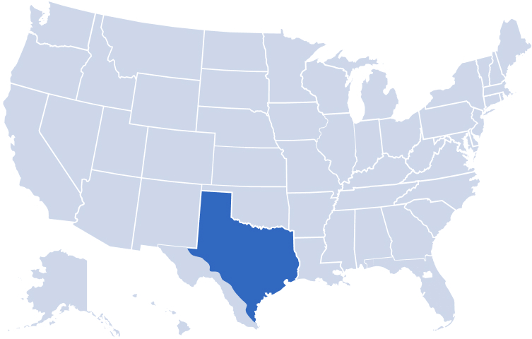 Map of USA highlighting Alan's Factory Outlet's delivery areas in Texas