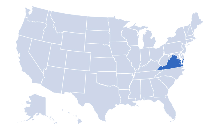 Map of USA highlighting Alan's Factory Outlet's delivery areas in Virginia