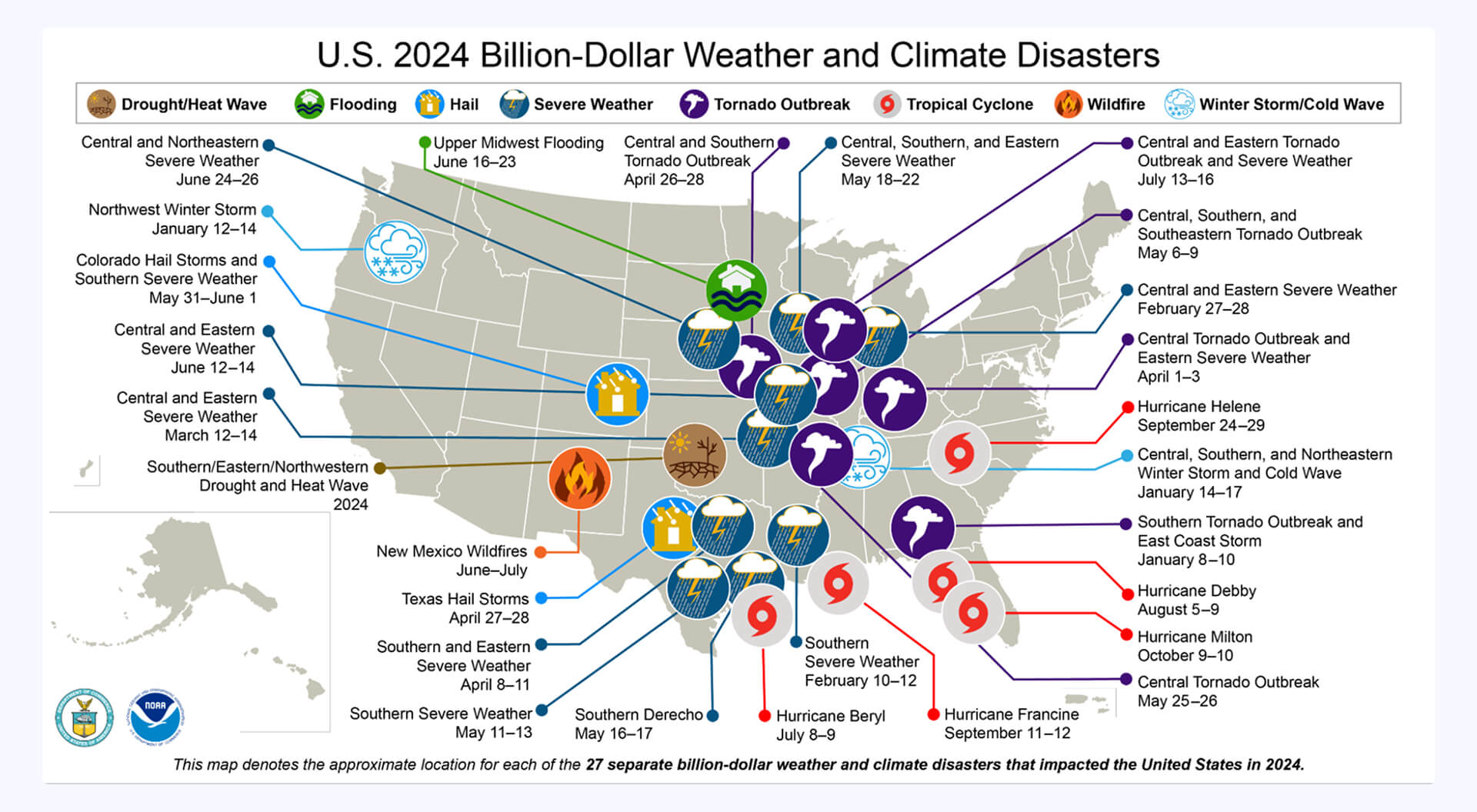 US map showing 2024 billion-dollar weather disasters with icons and locations