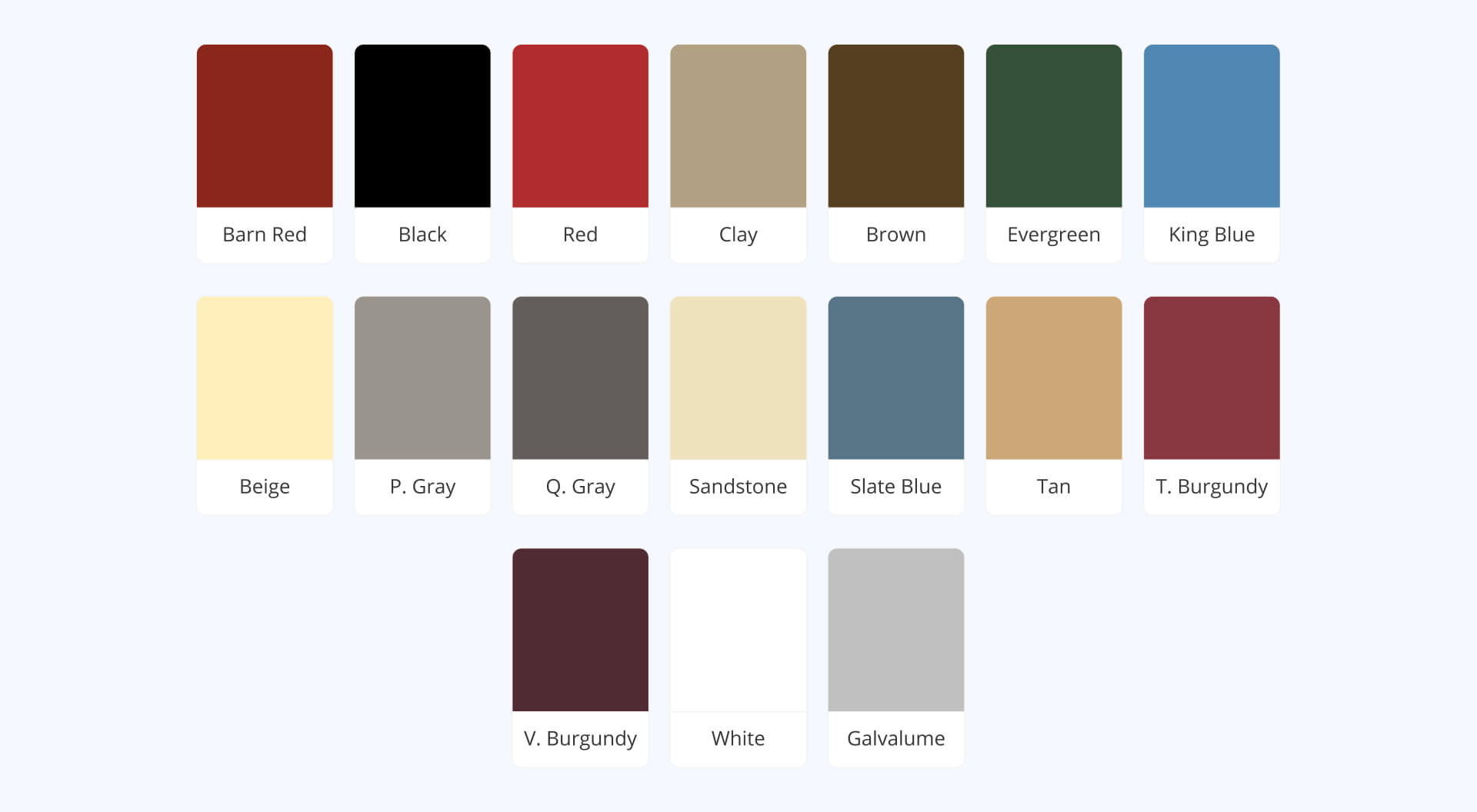Metal building color palette chart with 17 color options