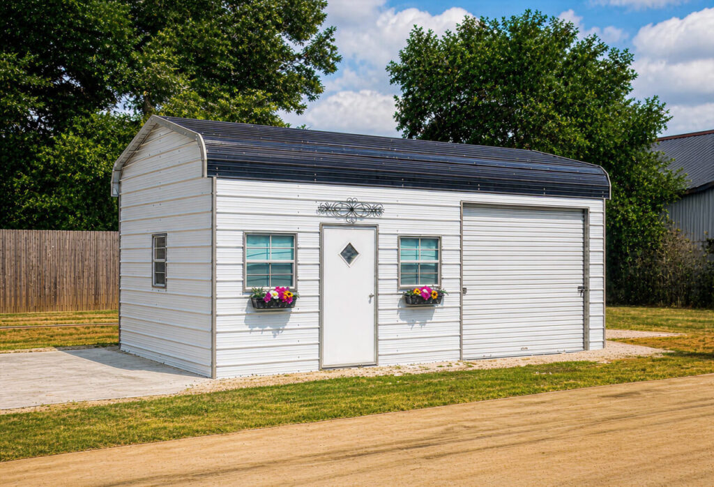 White metal she shed with roll-up garage door, decorative windows, and custom steel building design for backyard office, workshop, storage, or hobby space.
