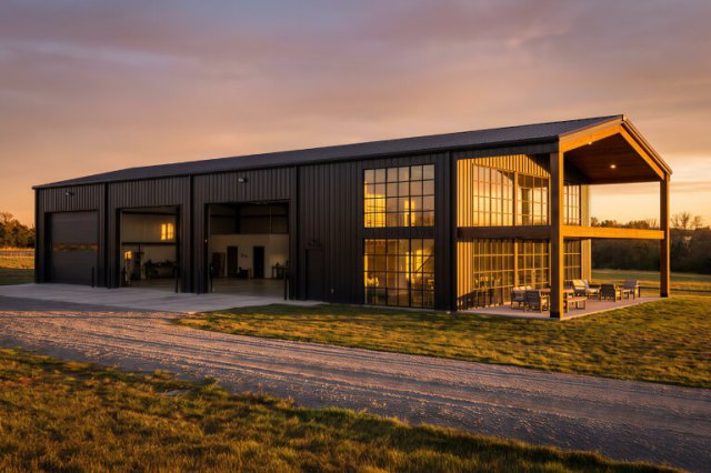 Modern black barndominium with large glass windows and covered patio at sunset.