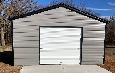 Simple gray garage with white door