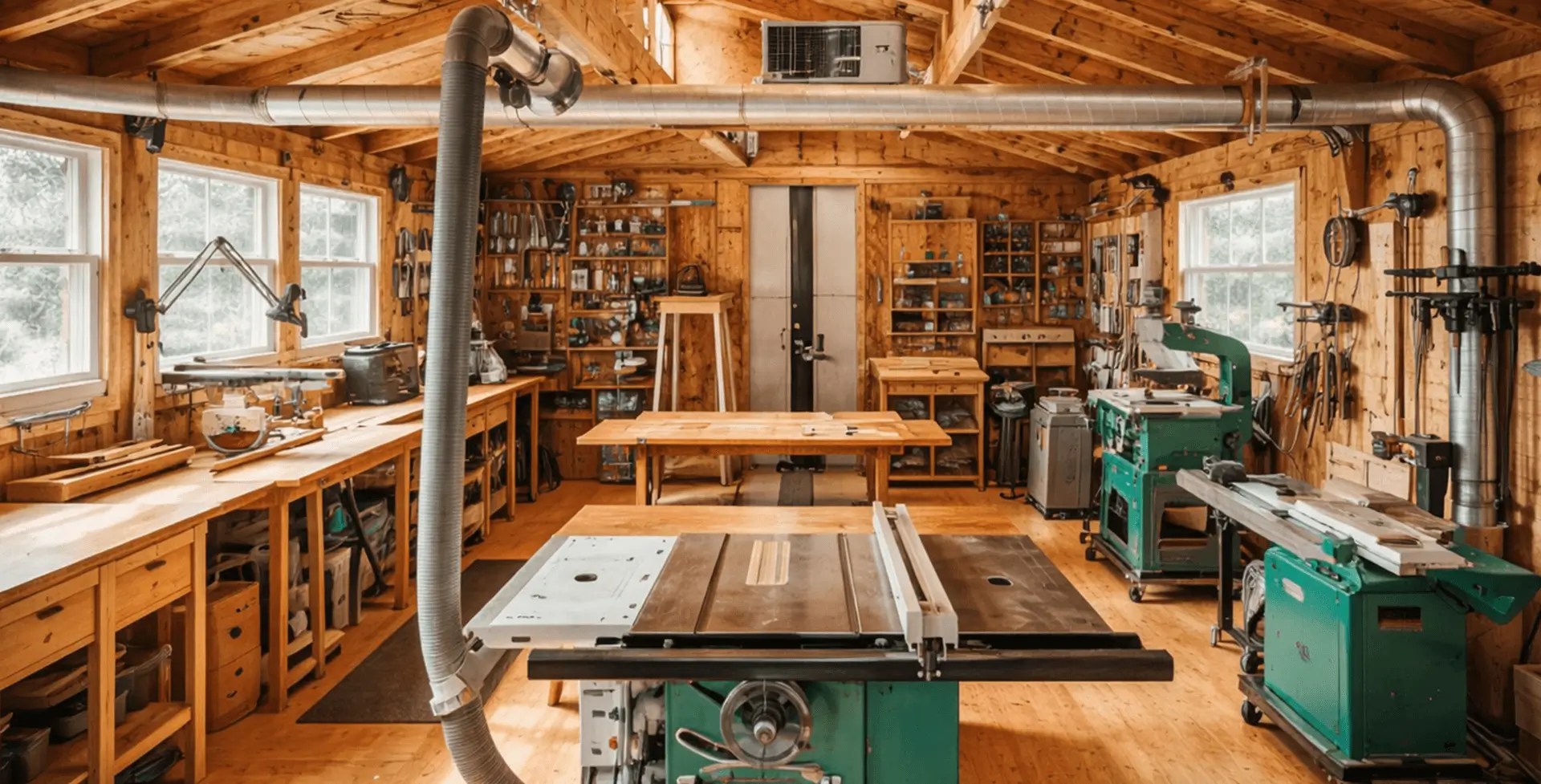 Fully equipped woodworking shop inside a wooden shed, featuring workbenches, table saws, power tools, and dust collection for a home workshop setup.