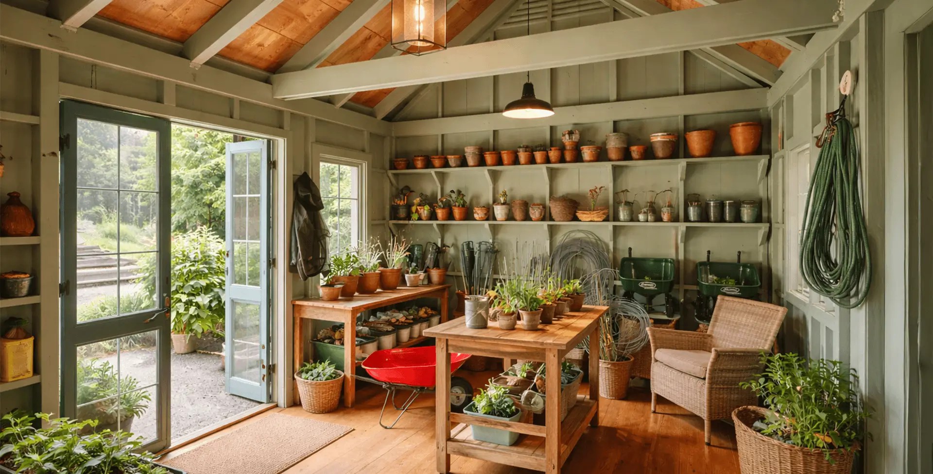 Garden shed interior converted into a potting shed with plants, shelving, gardening tools, and natural light, ideal for backyard gardening and storage.