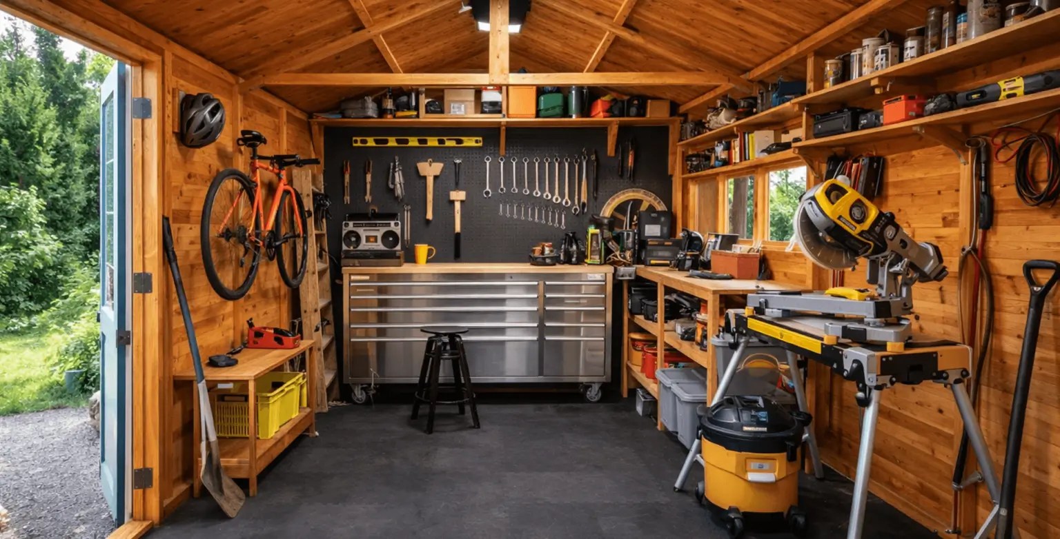 Organized DIY workshop shed with tool storage, miter saw, workbench, and bicycle hanging on the wall, designed for home projects and equipment storage.