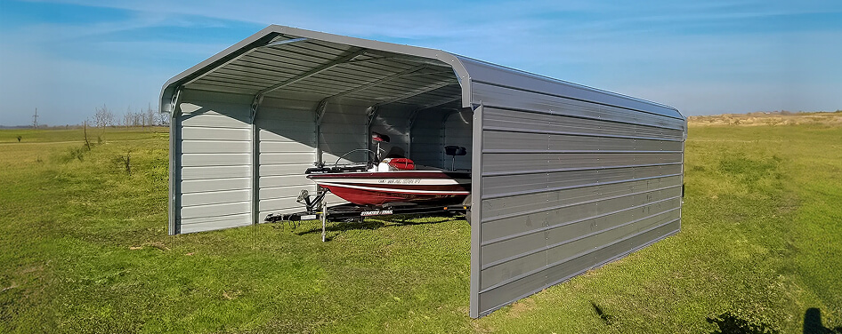 Boat stored under metal carport