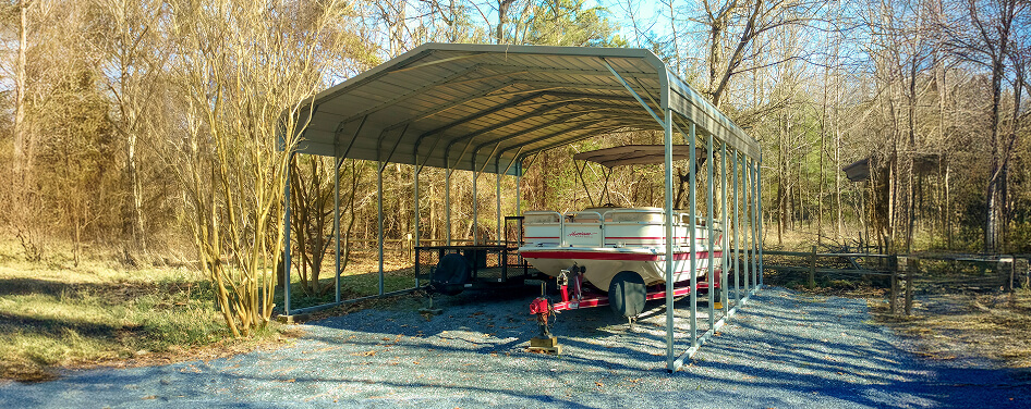 Boat under metal carport in nature
