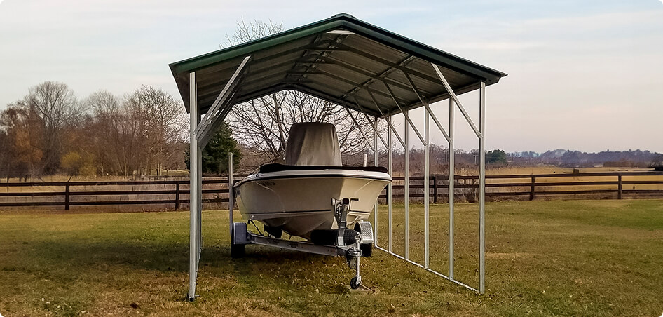 Boat sheltered under a carport