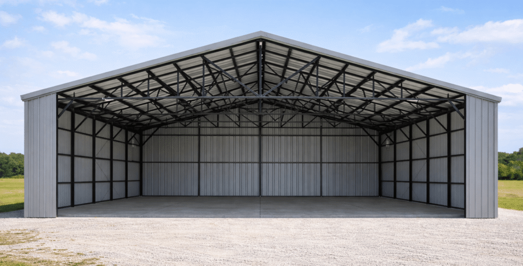 Spacious prefabricated steel garage with exposed black roof trusses, metal wall panels, and wide open bay, designed for multi-vehicle storage, RV parking, or agricultural equipment shelter.