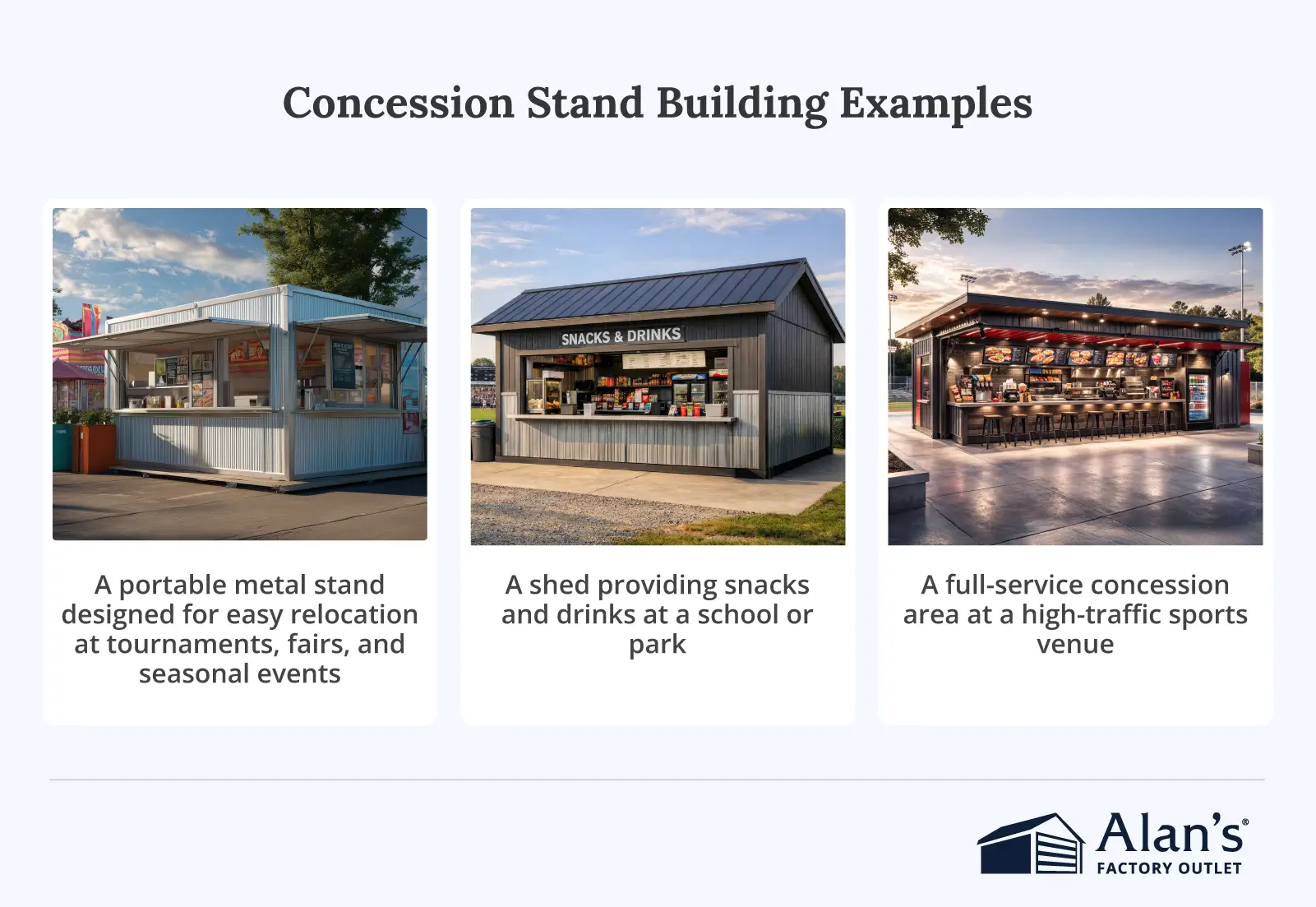 Three portable metal concession stand building examples, including a tournament-ready stand, a school snack shed, and a full-service sports venue concession structure.