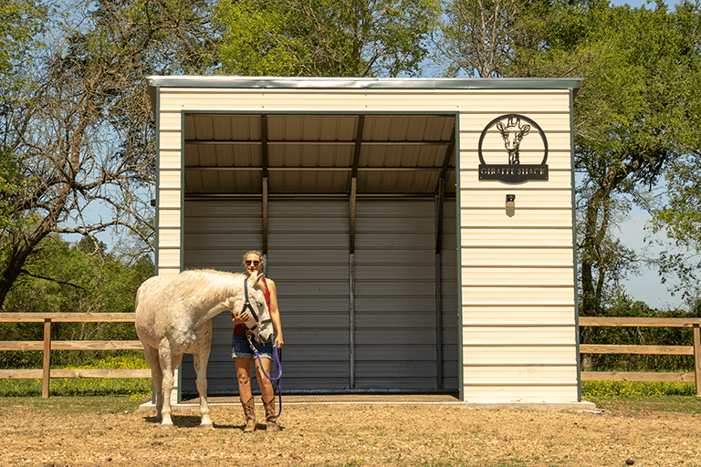 Person in sunglasses holding a white horse by a lead rope in front of a small metal shed labeled “Giraffe Shack.” Trees and a wooden fence surround the grassy outdoor setting under clear daylight.