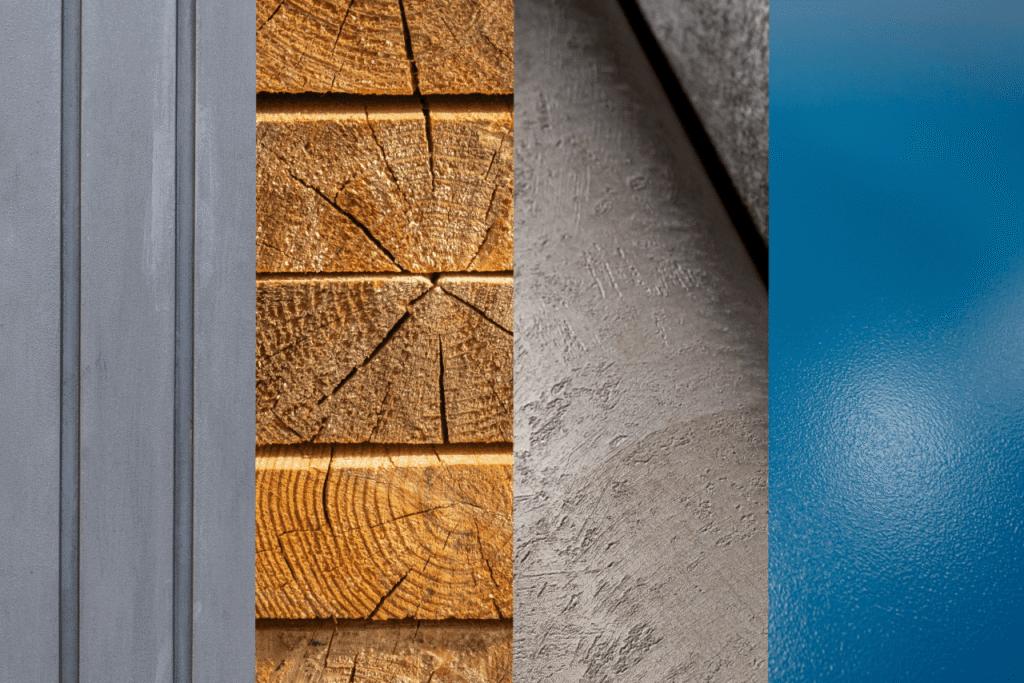 A vertical comparison image shows four material textures side by side: gray metal siding with ridges, cut wooden boards with visible grain and cracks, smooth gray concrete, and glossy blue painted metal. The image highlights differences in surface texture and finish across common building materials.