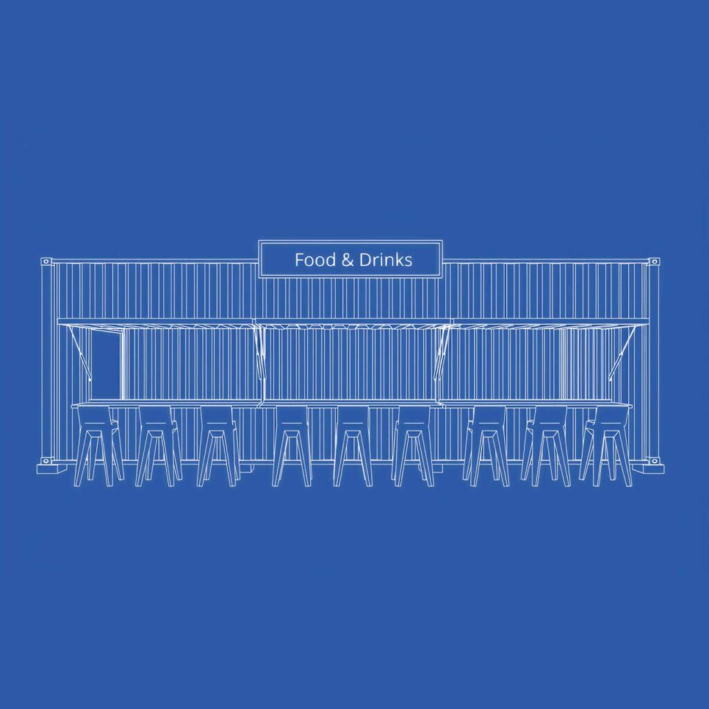 Blueprint illustration of a portable metal concession stand with food and drink service windows, showing a durable event-ready building layout.