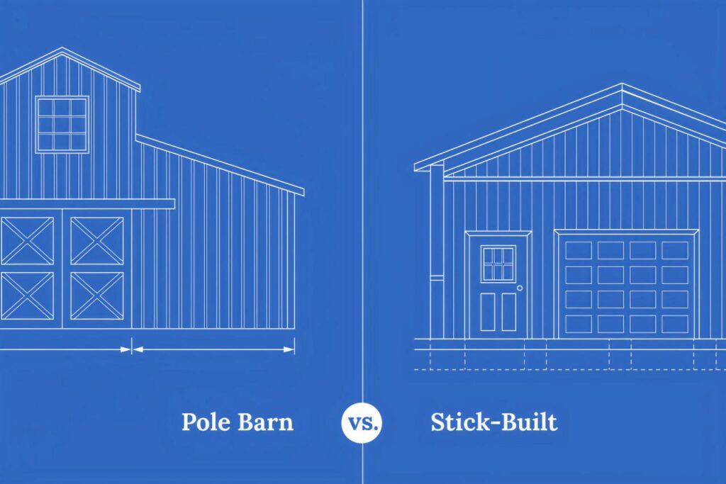 Blueprint-style comparison diagram showing a pole barn versus a stick-built garage structure, illustrating the structural differences between post-frame construction and stud-frame building methods.