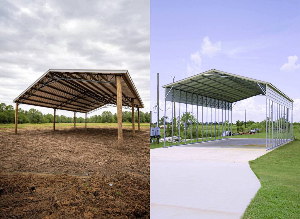 Comparison image showing a pole barn versus a steel building