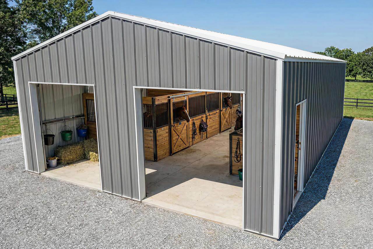 Exterior view of a gray metal horse barn with open stall doors, concrete floors, and gravel surroundings, set in a rural landscape with trees and fenced pasture in the background.