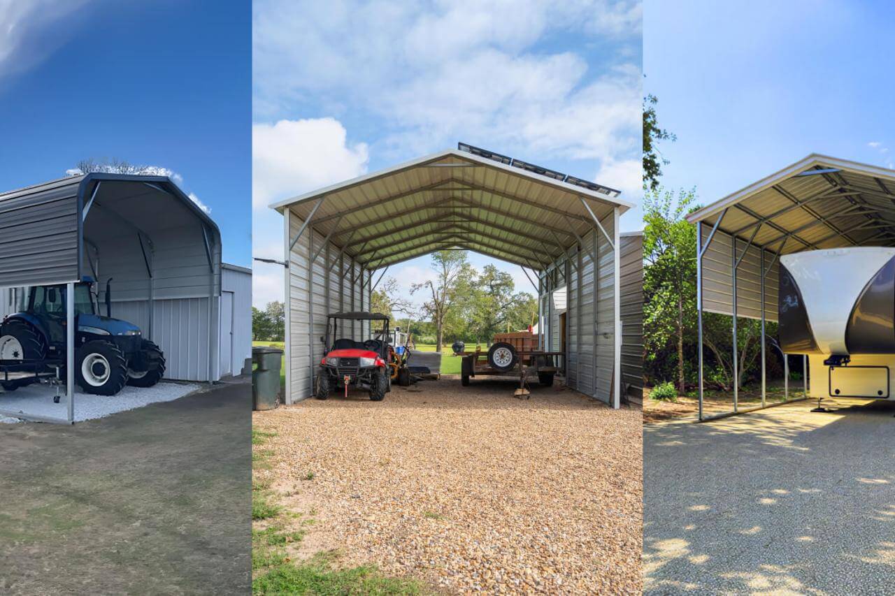 Three metal carport-style patio covers shown outdoors, sheltering a tractor, utility vehicles, and an RV under open-sided metal roofs.