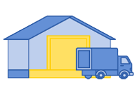 Metal warehouse building with loading dock and delivery truck