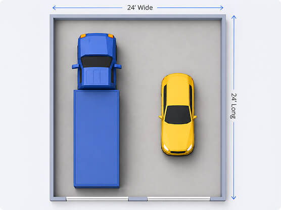 Diagram showing the average size of a 2-car garage measuring 24 feet wide by 24 feet long, with two vehicles and storage space illustrated inside the layout.