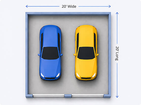 Diagram illustrating the minimum size for a 2-car garage at 20 feet wide by 20 feet long, showing two cars parked side by side within compact garage dimensions.