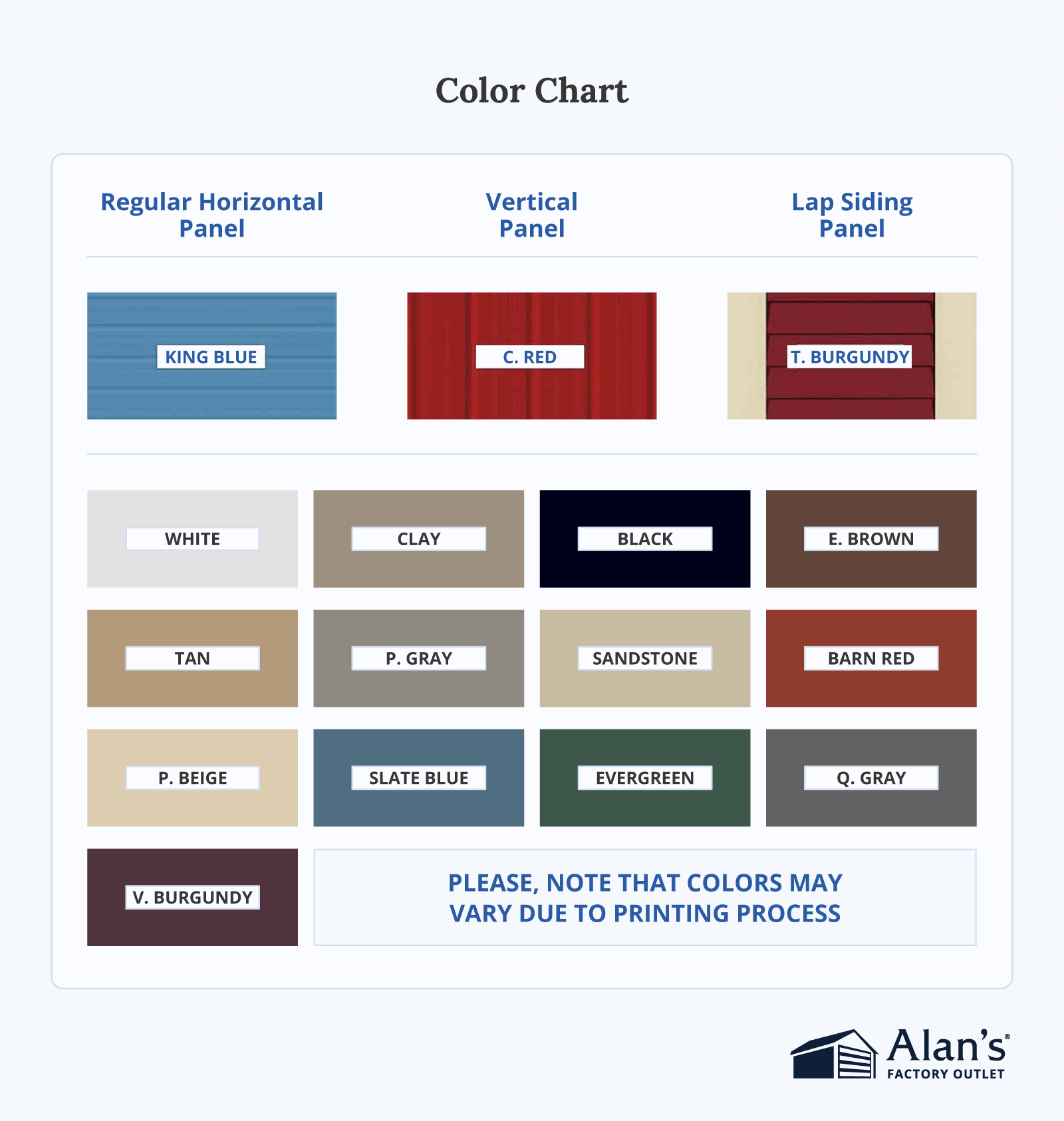 Metal building color chart showing horizontal, vertical, and lap siding panel options including King Blue, Barn Red, Evergreen, Slate Blue, Sandstone, Clay, Black, and other popular steel building colors.