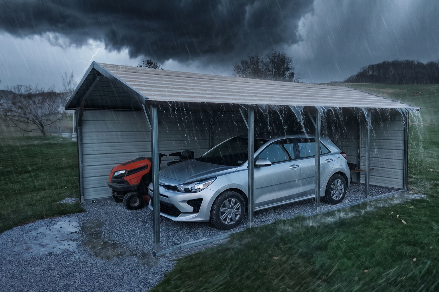 Metal carport sheltering a silver sedan and red lawn mower during heavy rainstorm. Dark storm clouds, lightning, and wind-driven rain surround the rural scene.