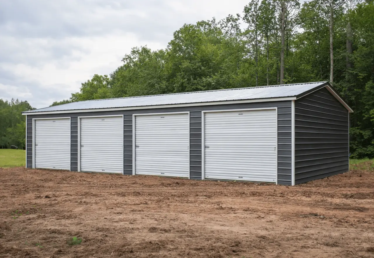 A photo shows a long, single-story metal garage with four white roll-up doors on the front and dark gray siding. The building sits on a dirt lot with trees in the background.