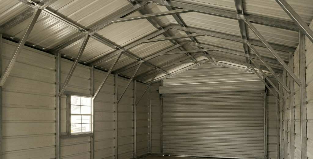 Interior of a prefabricated metal garage featuring exposed galvanized steel trusses, vertical metal wall panels, a roll-up garage door, and a small window for natural light.