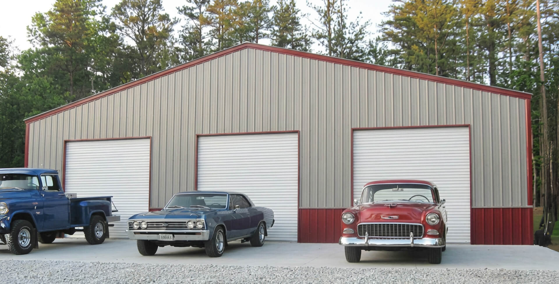 Fully enclosed 50×60 metal building with vertical siding and multiple garage doors, suitable for equipment storage or workshop use.