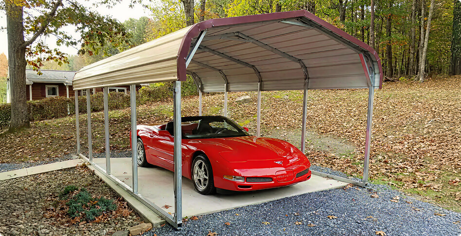 A compact Carolina regular-roof carport shelters a single vehicle while showcasing the classic rounded-eave design customers recognize and trust.